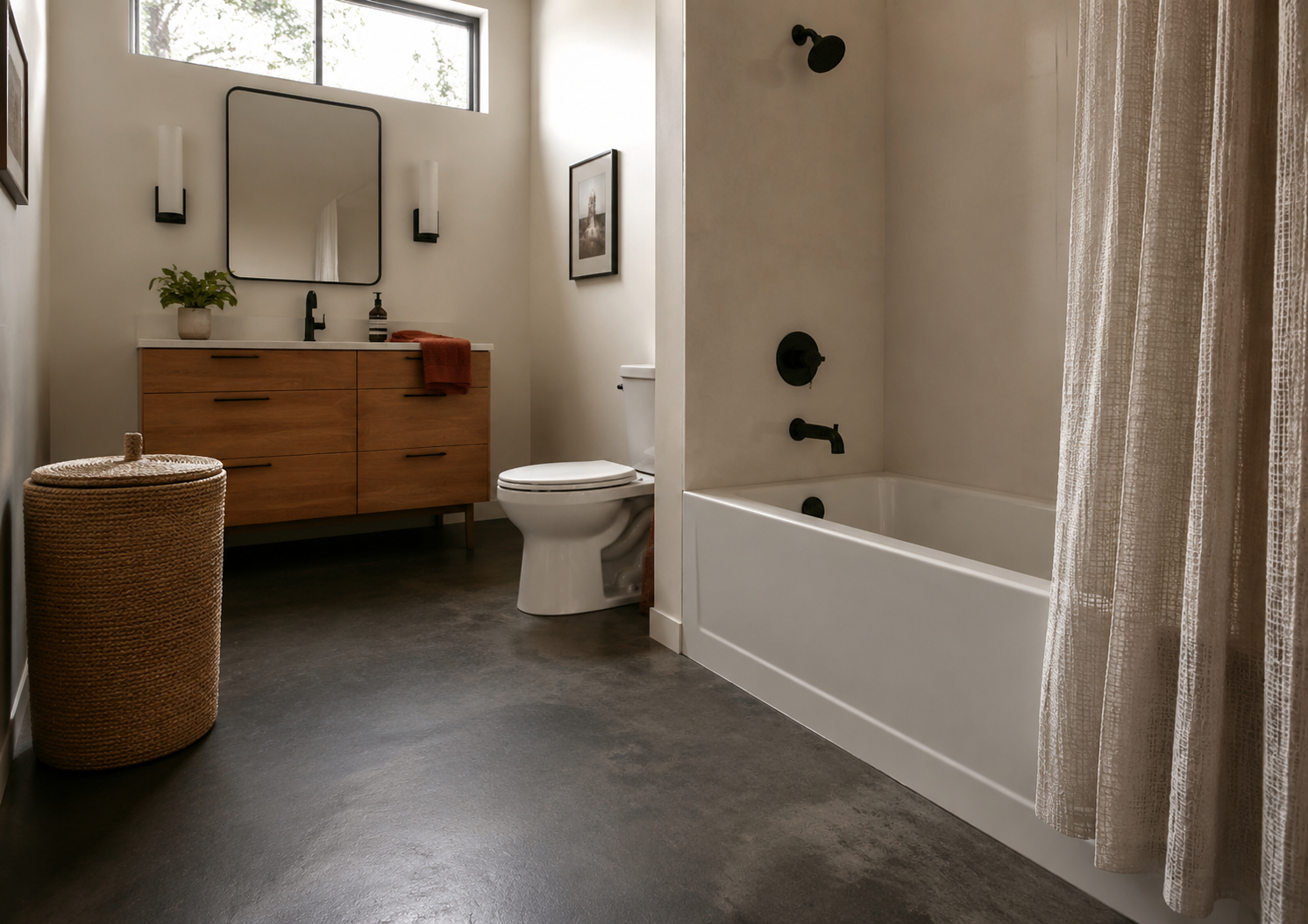 Compact Bathroom with Charcoal Concrete Floors
