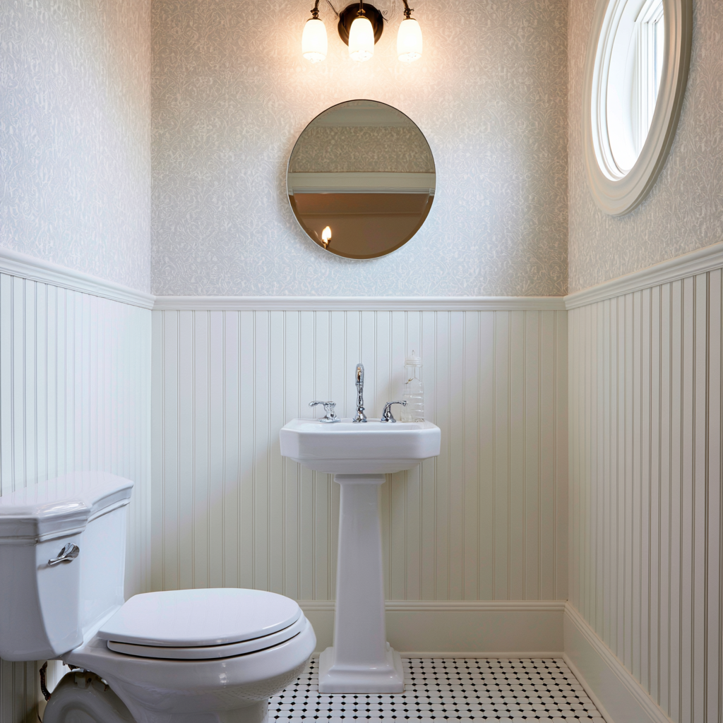 Compact Powder Room - Beadboard wainscoting in a low-moisture powder room.