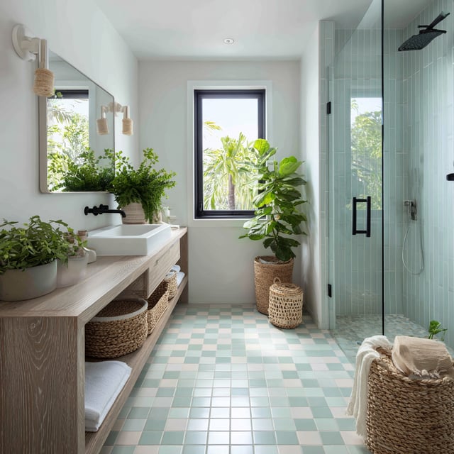 A bright, modern bathroom with a glass shower, wood vanity, green plants, woven baskets, and soft natural light.