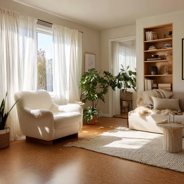 A sunlit living room with cork flooring, sheer curtains, cozy seating, indoor plants, and built-in shelving.