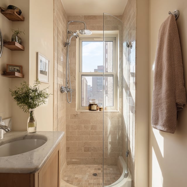 Narrow bathroom with shower