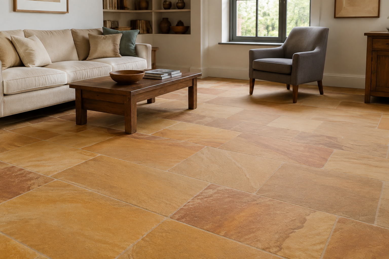 Cozy Living Room with Honed Sandstone