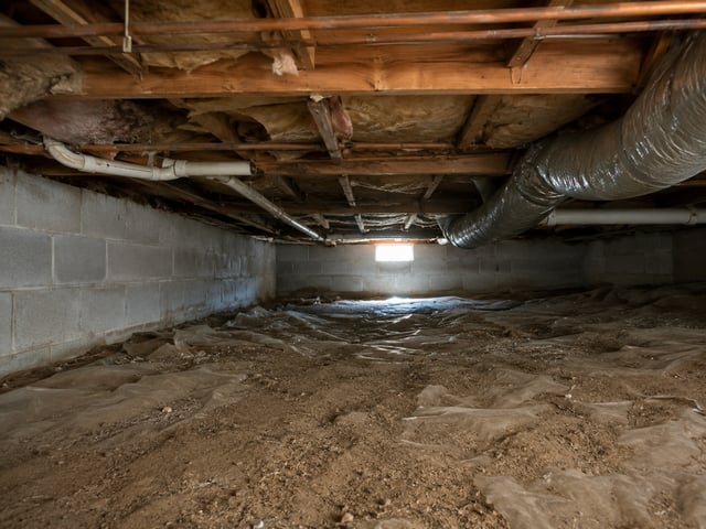 An unfinished residential crawlspace with exposed wooden floor joists, insulation, various pipes and ductwork, and a dirt floor partially covered by a plastic vapor barrier.