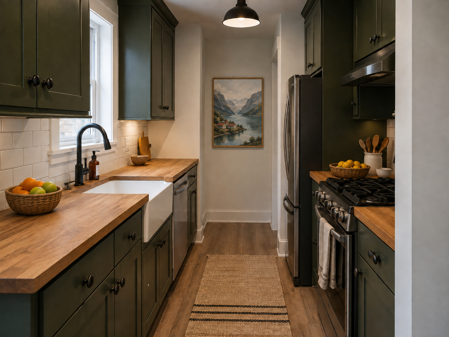 Dark Green Cabinets and Butcher Block in Apartment Kitchen