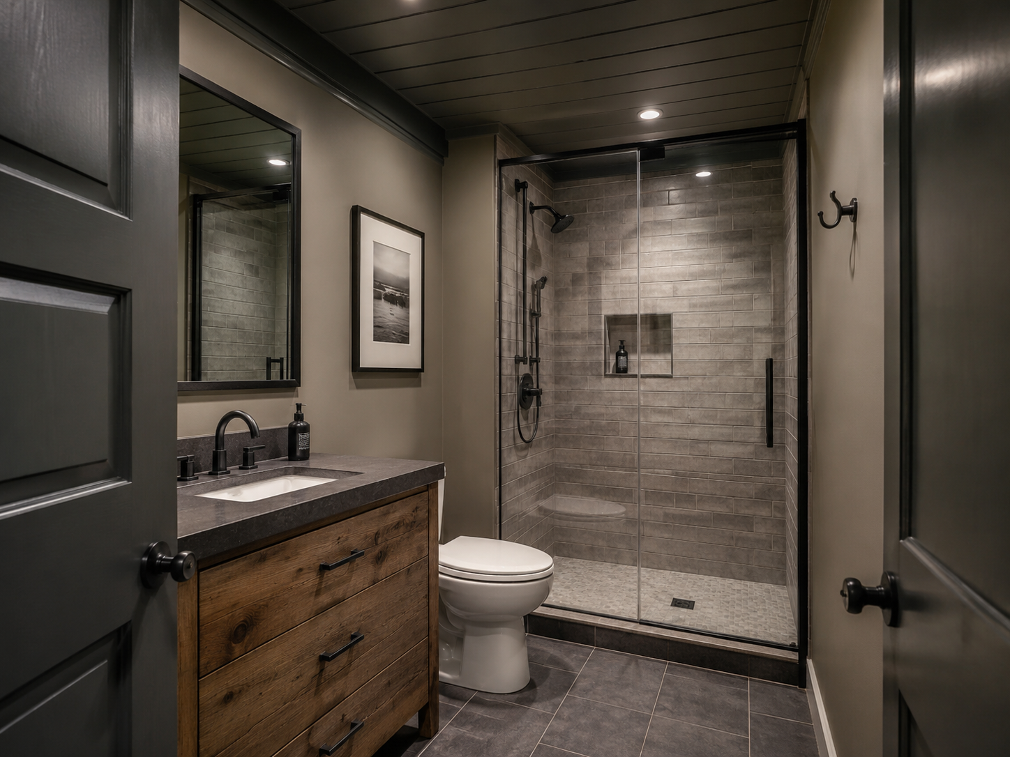 Dark Moody Bathroom Shiplap Ceiling