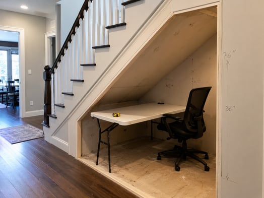 Office chair and folding desk inside an unfinished stairway workspace.