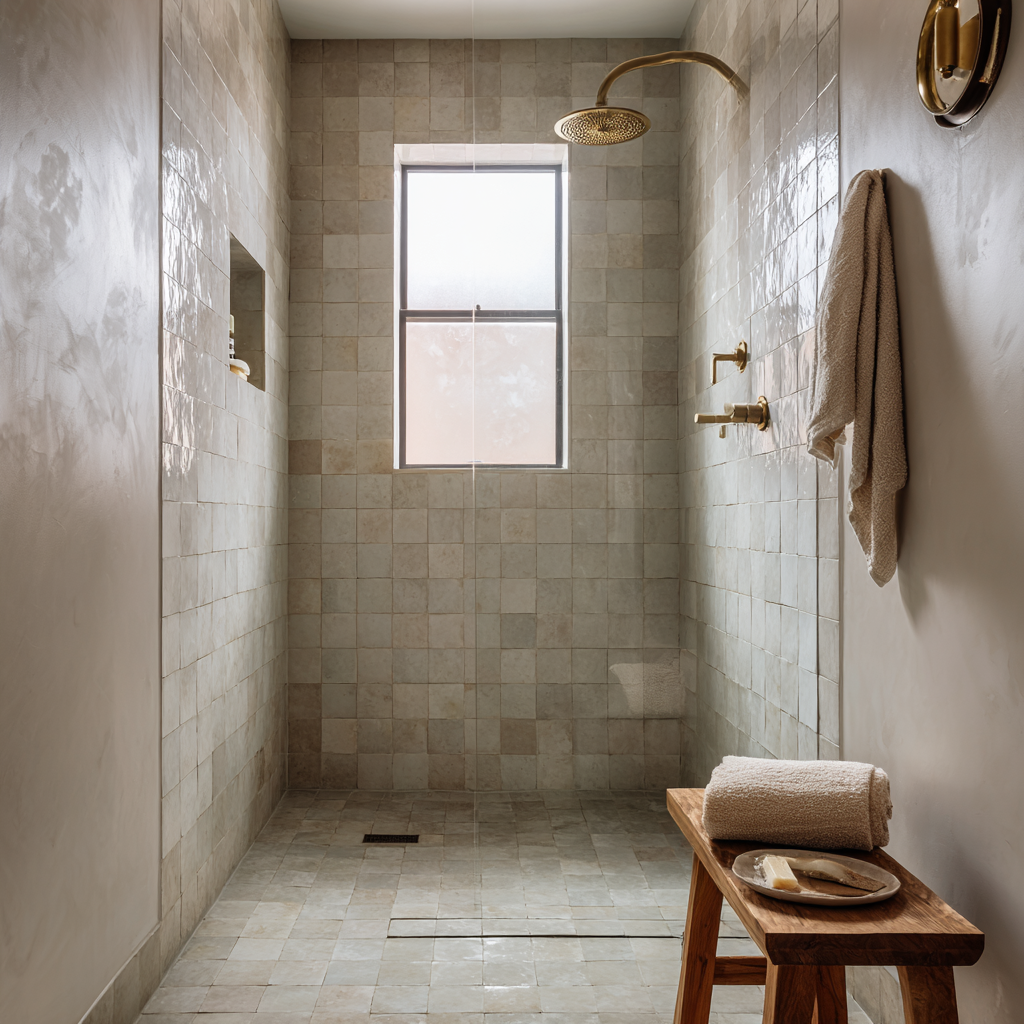 Beige tiled walk-in shower with brass fixtures and a bench.