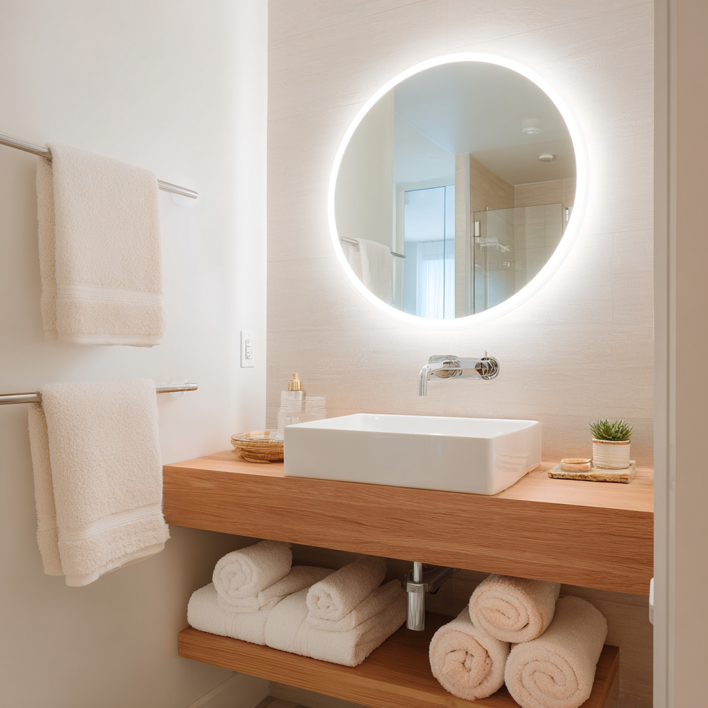 Modern bathroom with a backlit round mirror and wood vanity.