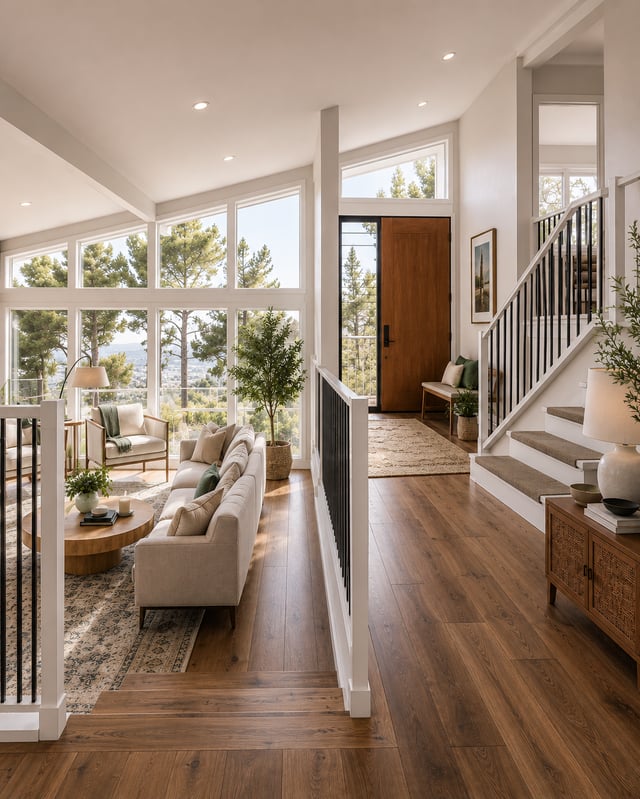 A sunlit, split-level entryway with wood flooring, featuring a living area with large windows and a staircase leading upwards.