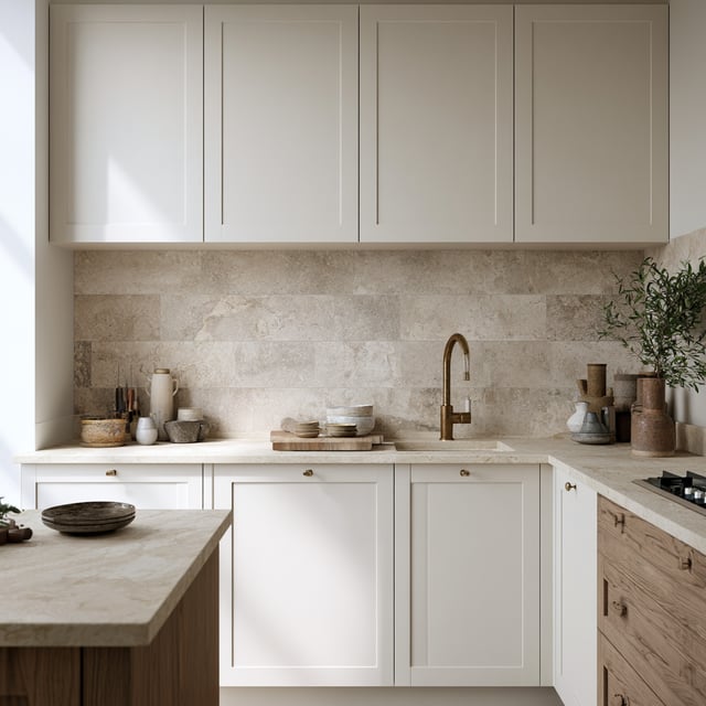 Kitchen with stone backsplash, beige cabinets, and gold faucet.