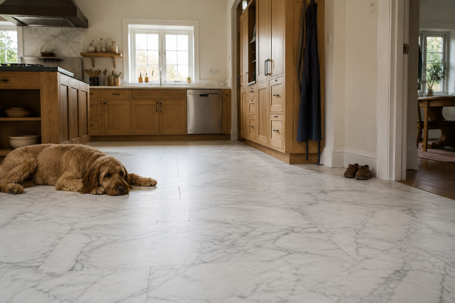 Family Kitchen with Honed Carrara Marble
