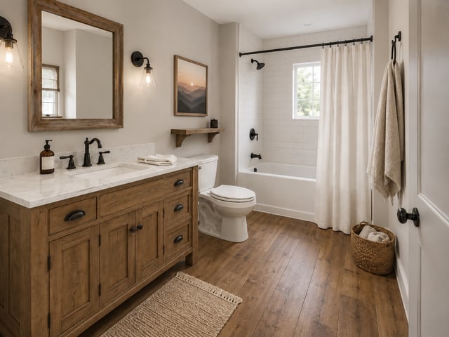 Farmhouse-Tinged Wood Flooring Bathroom