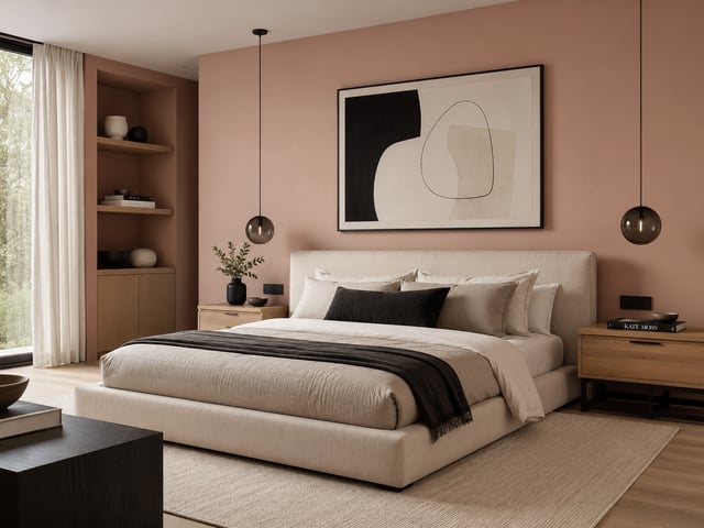 A modern bedroom with salmon-colored walls, a neutral upholstered bed, and minimalist decor.