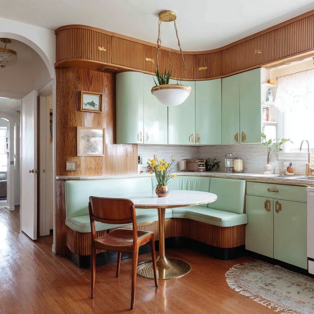 A vintage-inspired kitchen with mint-green cabinets, warm wood paneling, a built-in corner banquette with a round table, brass accents, a hanging pendant light, decorative wall art, and polished hardwood flooring.