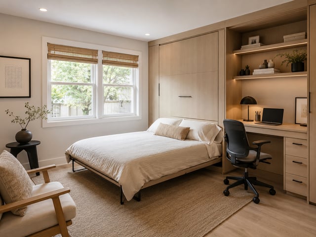 Modern bedroom with a Murphy bed and desk.