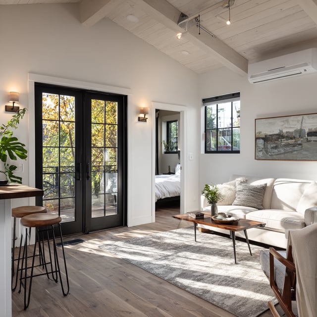 A modern apartment interior featuring a living area with a white sofa, wood flooring, and large black-framed glass doors. A glimpse of a bedroom is visible through an open doorway.