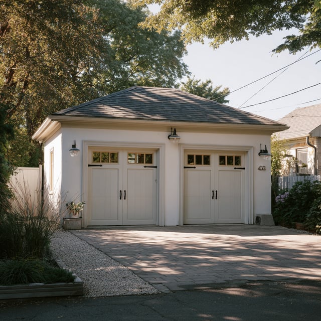 A small, white, two-car garage with a dark shingled hip roof and carriage-style doors.