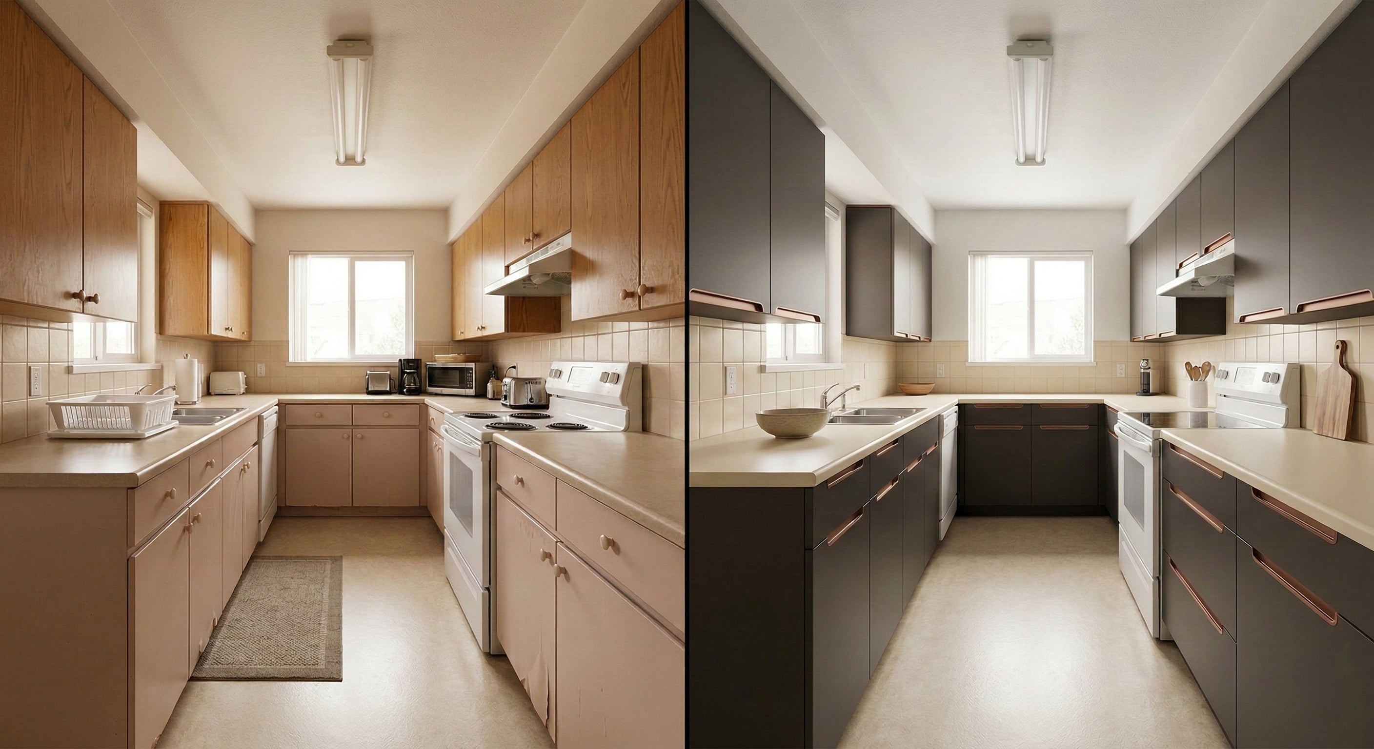 [Image 2: Before & after—warm oak cabinets with beige laminate counters transformed with dark charcoal flat-front doors and copper pulls]