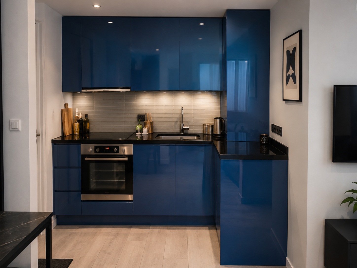 Glossy Blue Kitchen Cabinets Black Countertops