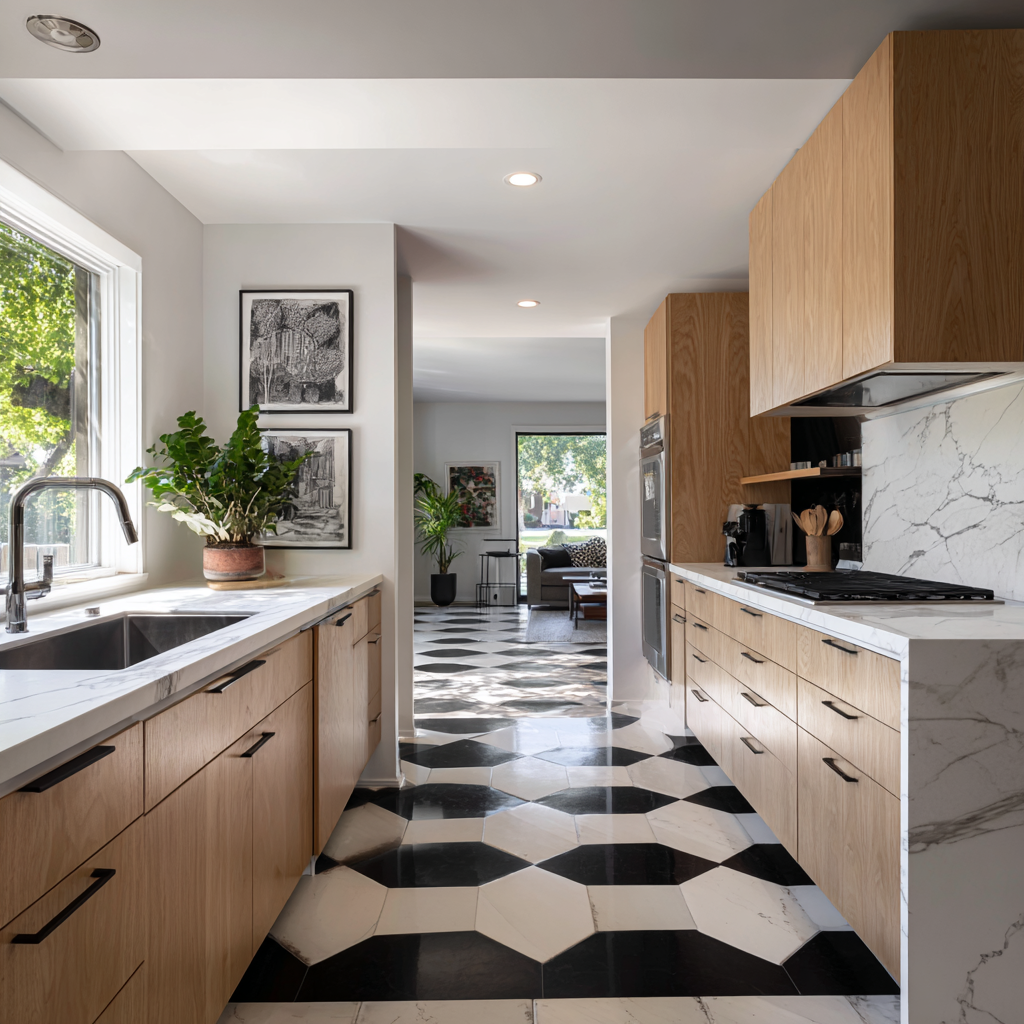 A galley-style kitchen shot from the doorway looking straight through toward the living room, with bold black-and-white graphic tile running continuously and visibly across both the kitchen and the adjacent space.