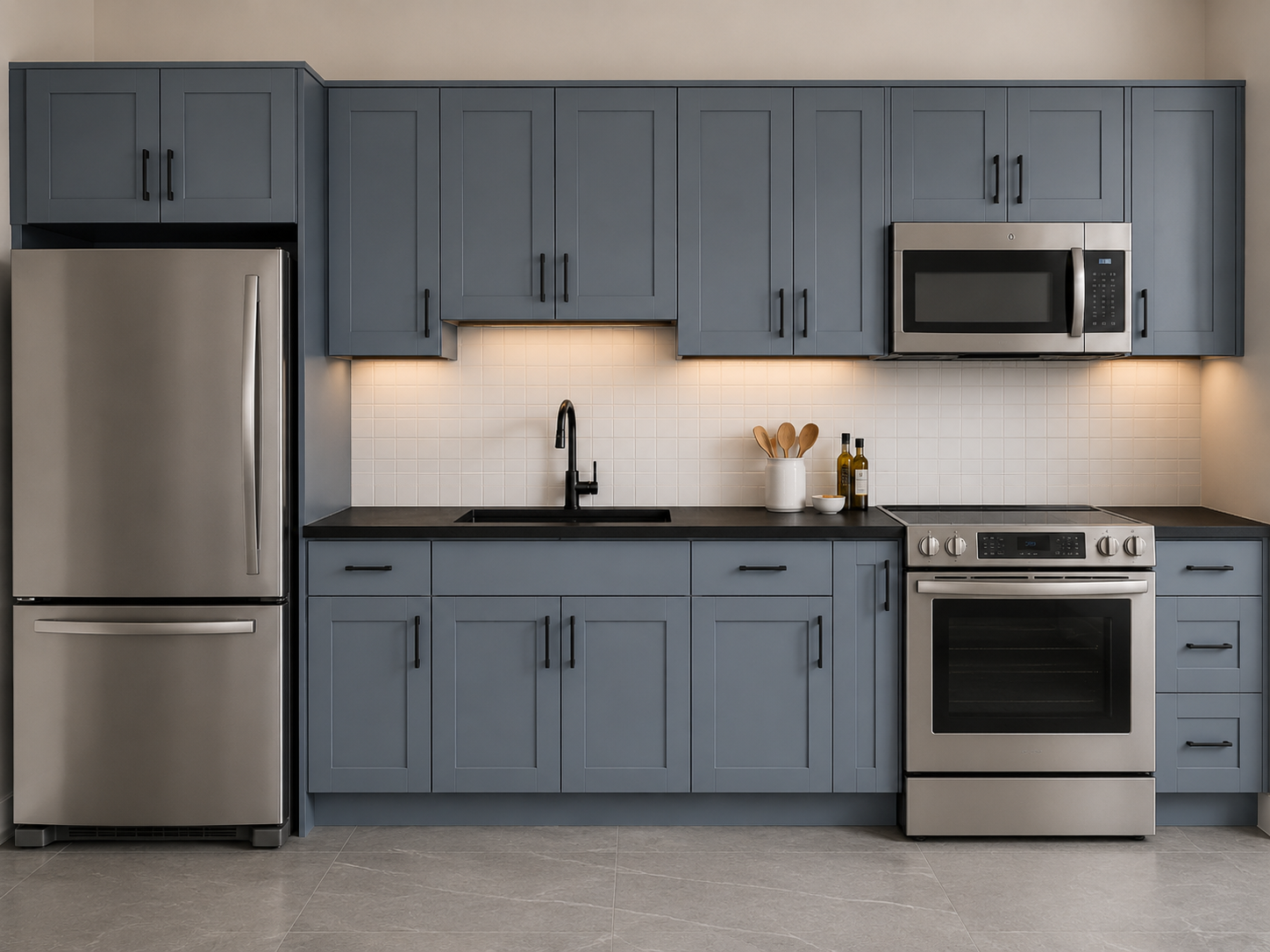 Gray-Blue Kitchen Cabinets Black Countertops