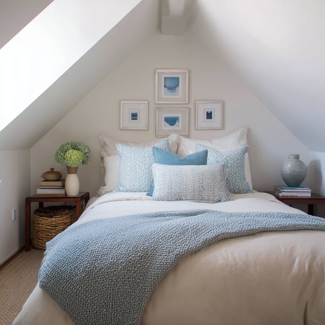  Cozy attic bedroom with sloped ceilings and blue bedding.
