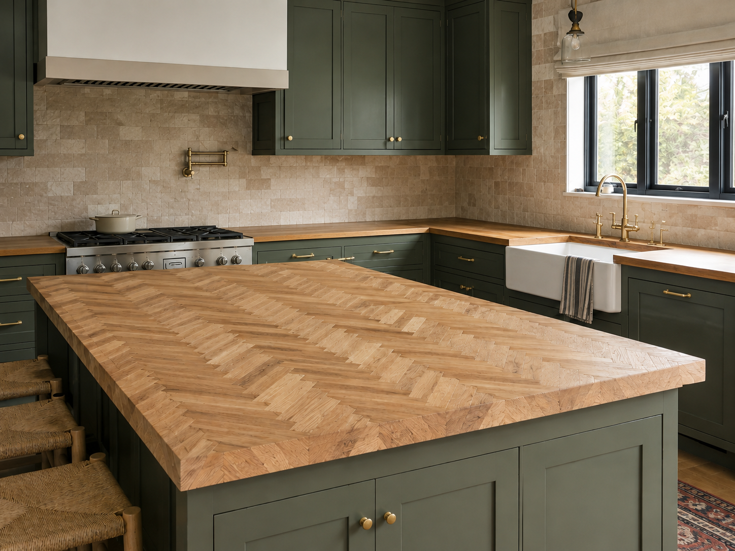 Herringbone Butcherblock & Green Cabinets