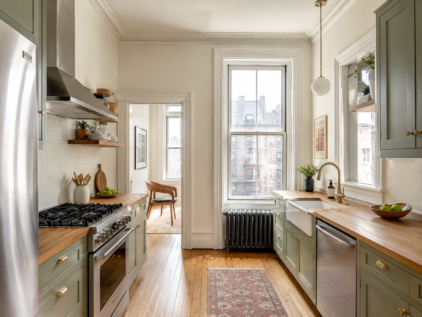 Historic Apartment Green Cabinets Butcher Block