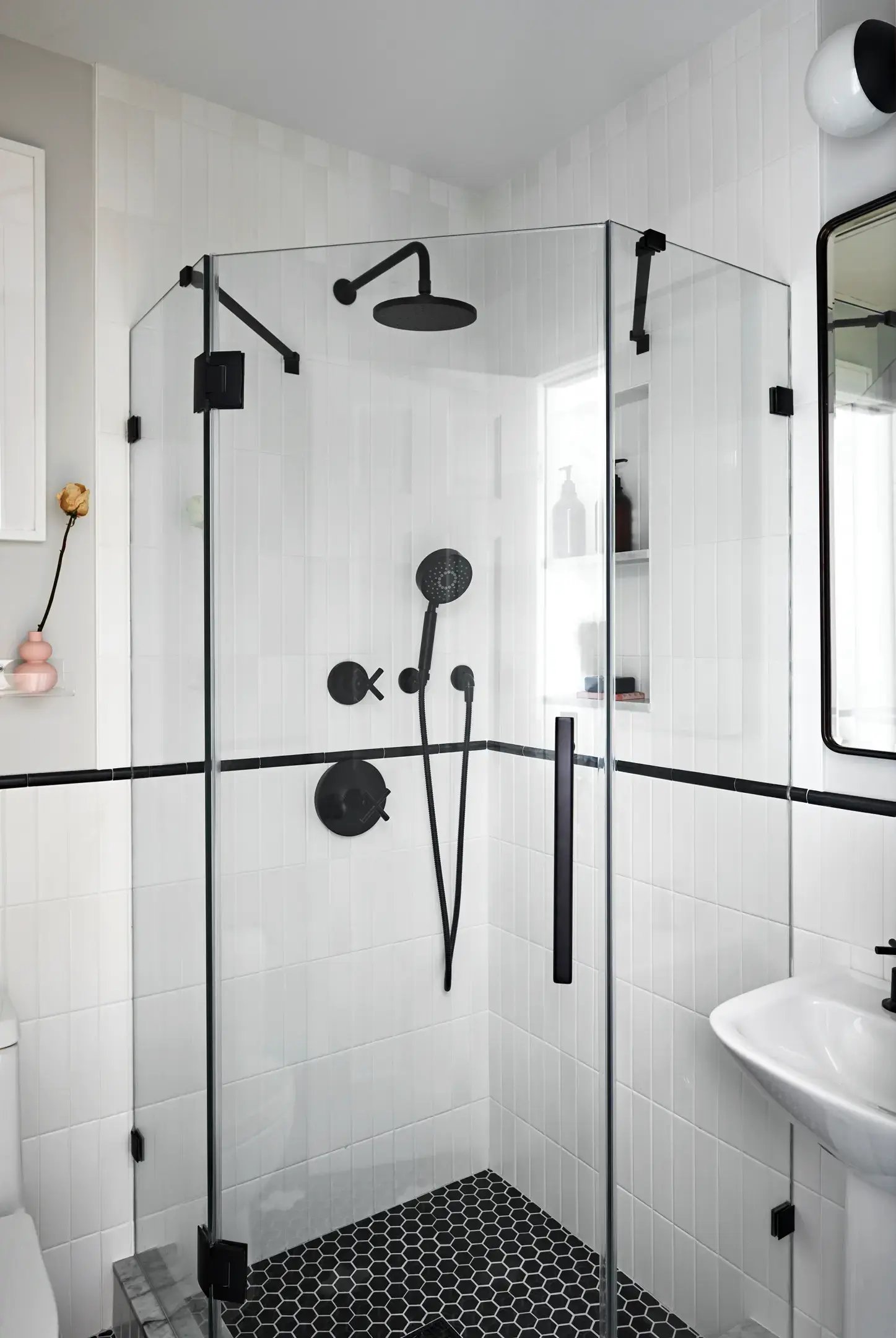 White bathroom with black accents