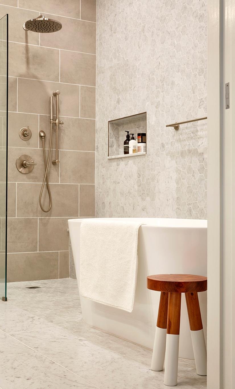 New York bathroom tiles of mixed size and shape