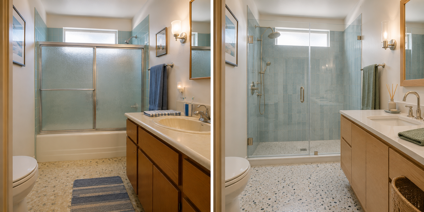 4. Coastal Midcentury Ranch — Blue Tile and Polished Nickel Glass Shower