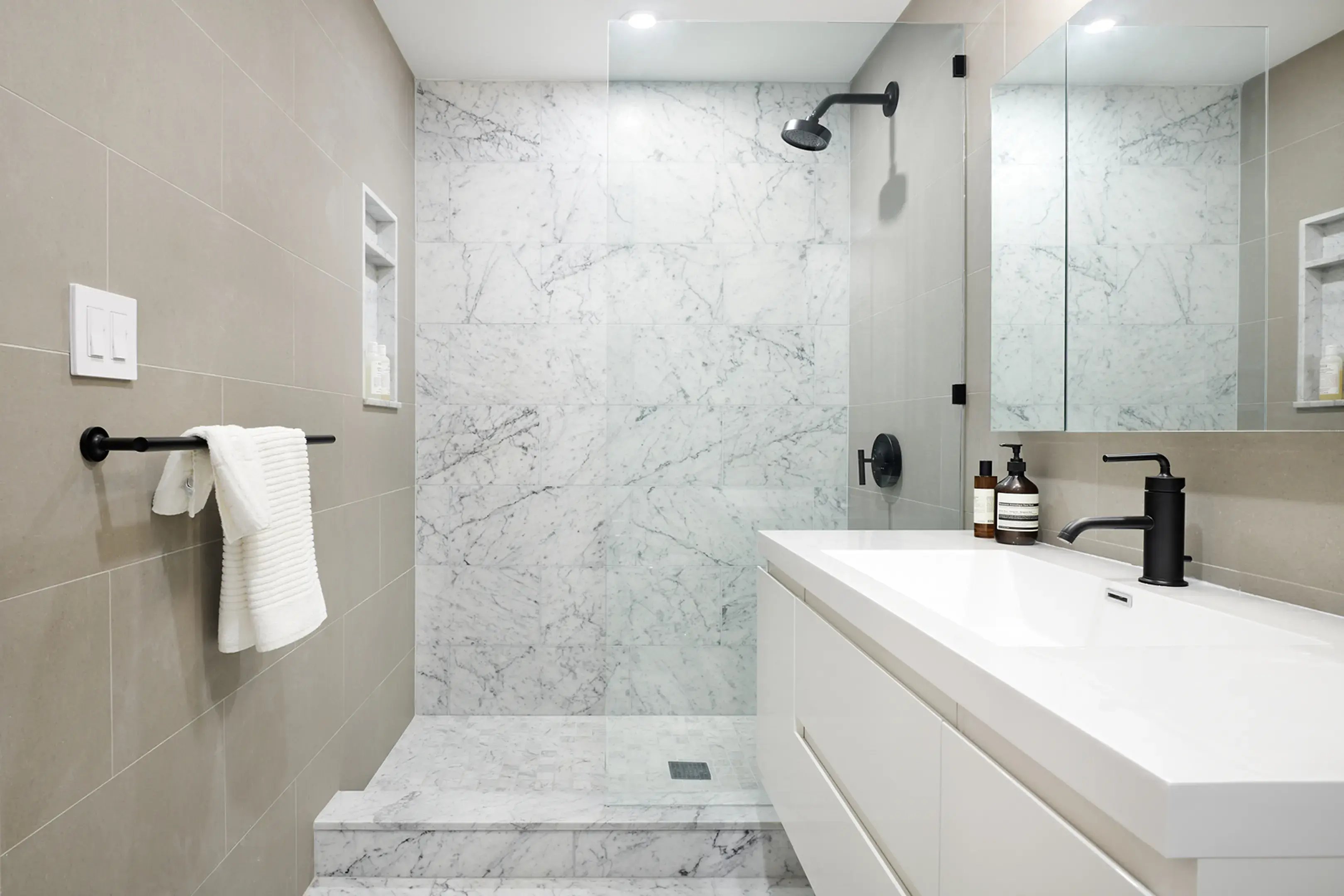Bathroom with tiles both warm and cool tones