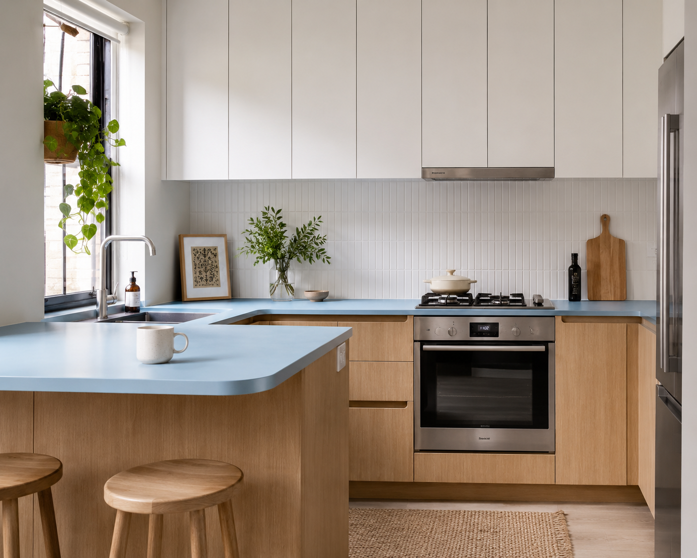 A kitchen with accent color countertop
