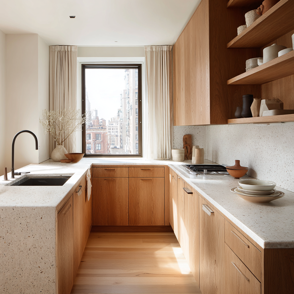 White Countertops and  Wood and Terrazzo Kitchen