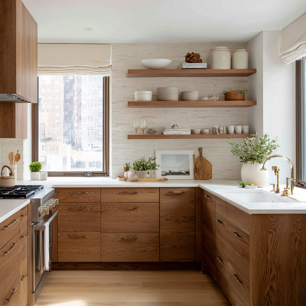 White Countertops and Wood Grain Kitchen