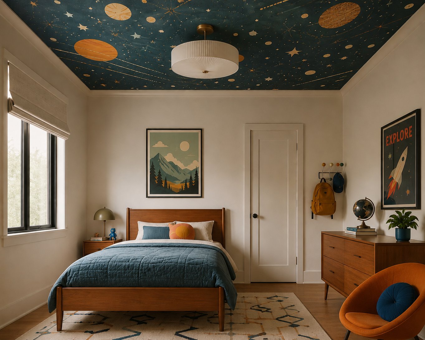 Kid's bedroom with dark navy star and planet wallpaper on the ceiling and cream walls