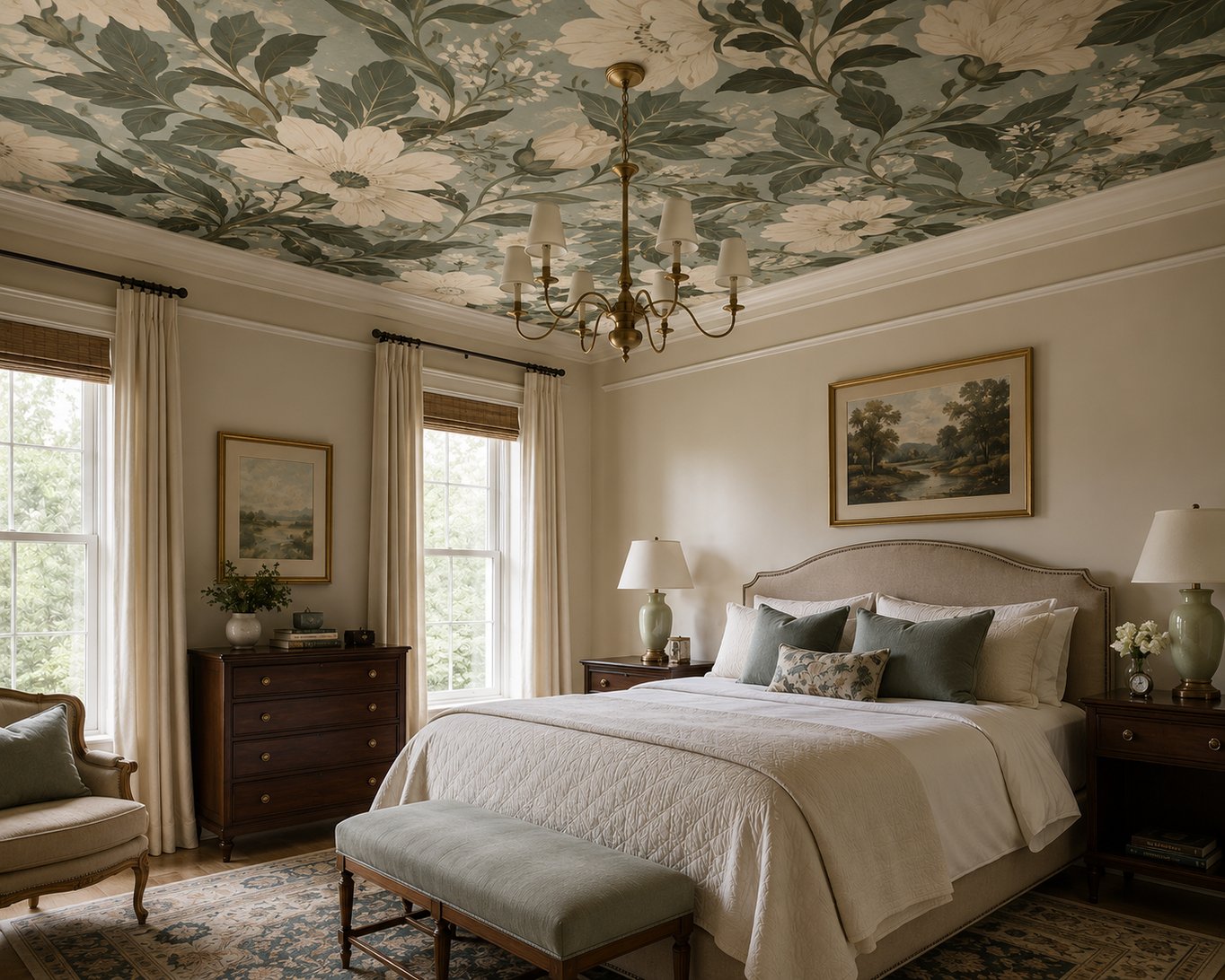 Bedroom with a large-scale green and cream floral wallpaper covering the ceiling