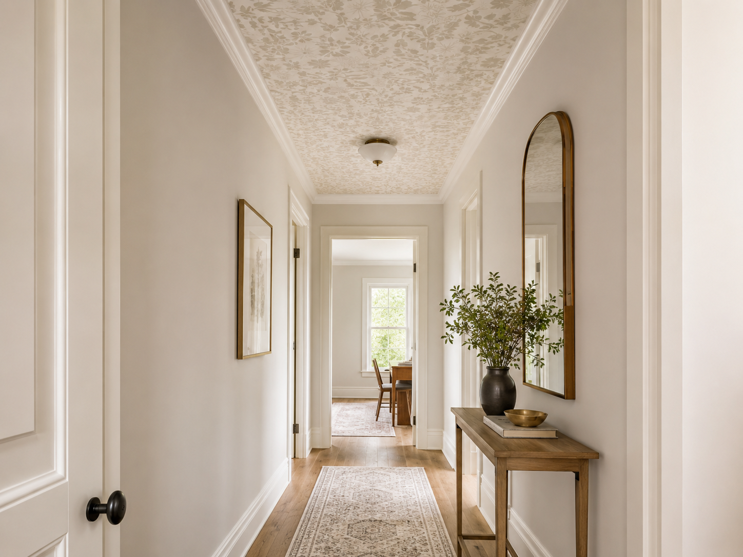 Hallway with a tonal cream floral wallpaper on the ceiling and plain white walls