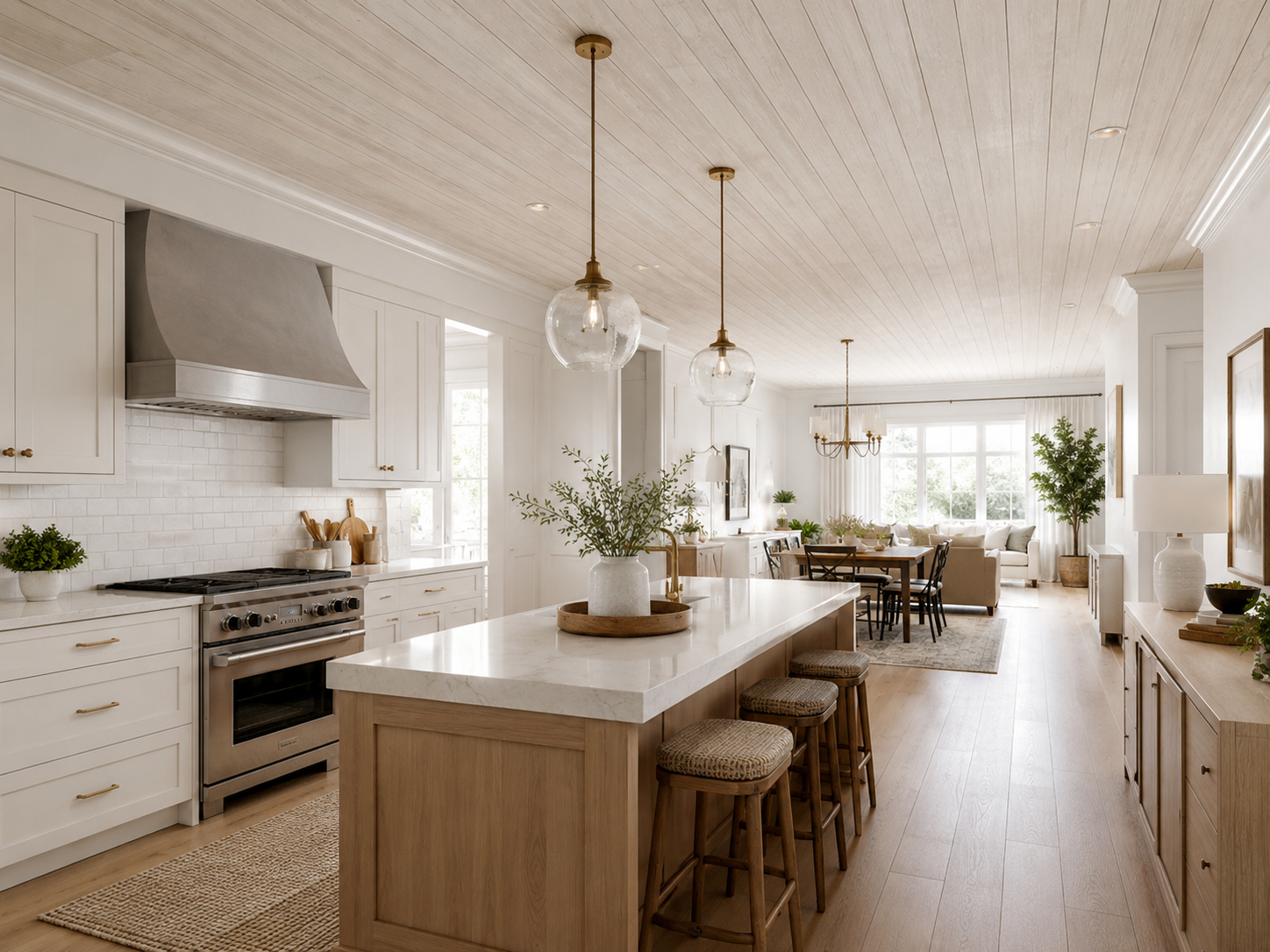 Open kitchen with faux wood plank wallpaper on the ceiling above a white oak island