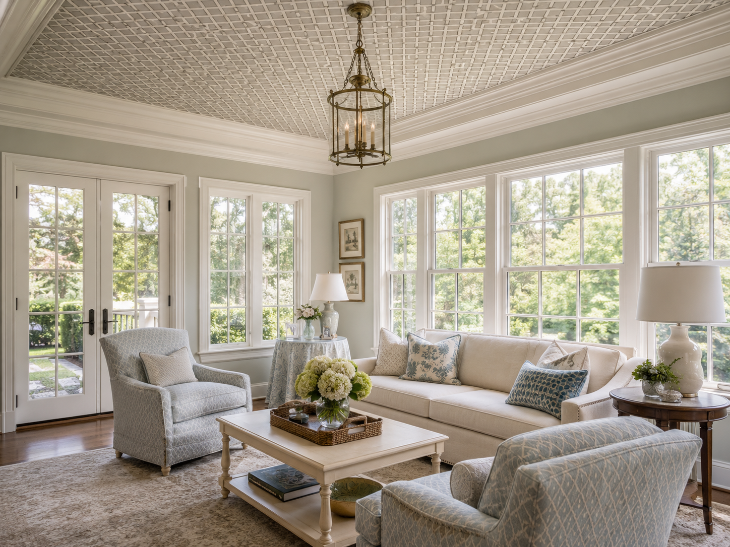 Morning room with a lattice pattern wallpapered ceiling framed by white crown molding