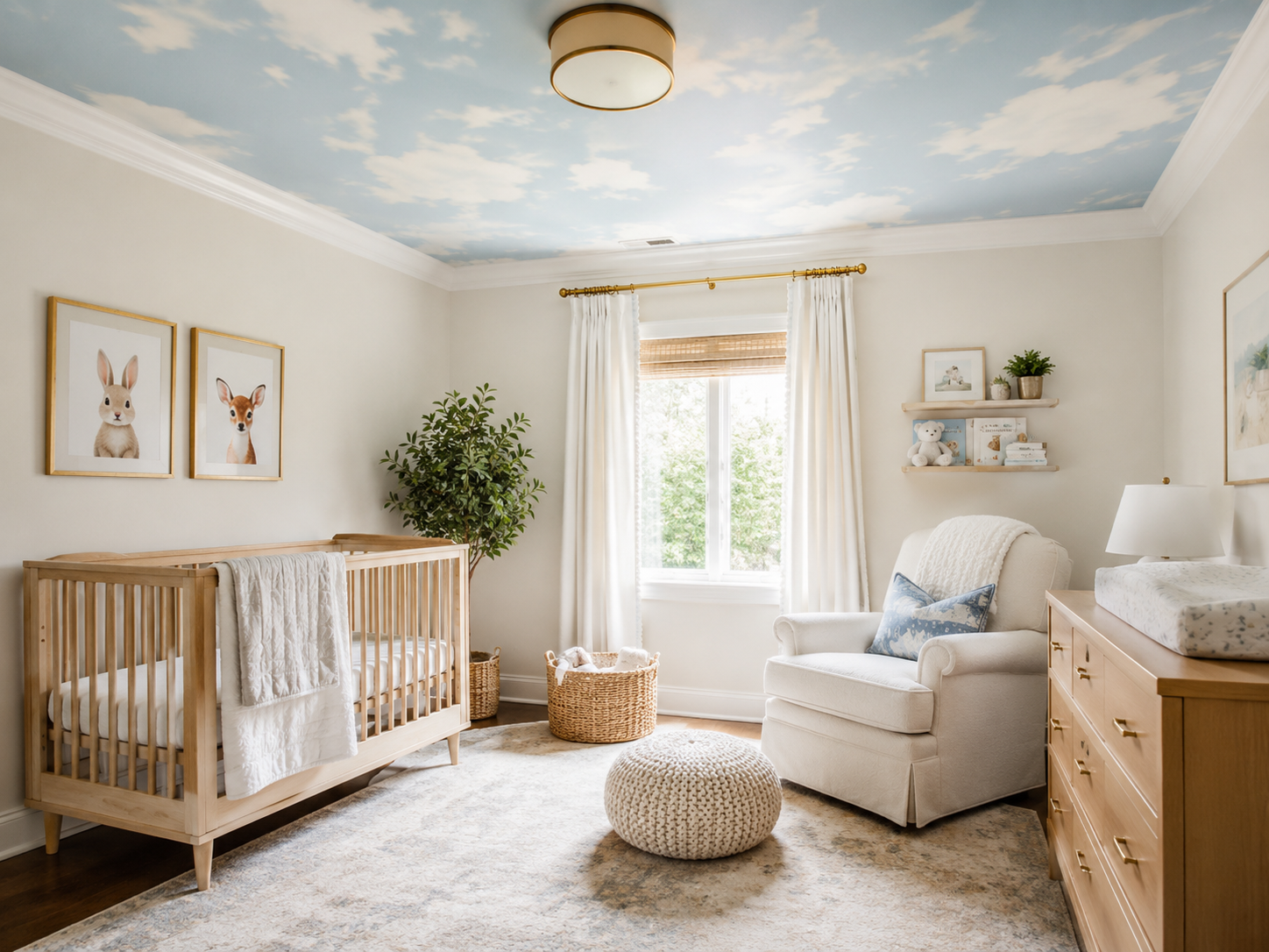 Nursery with blue sky and cloud wallpaper on the ceiling above a light wood crib
