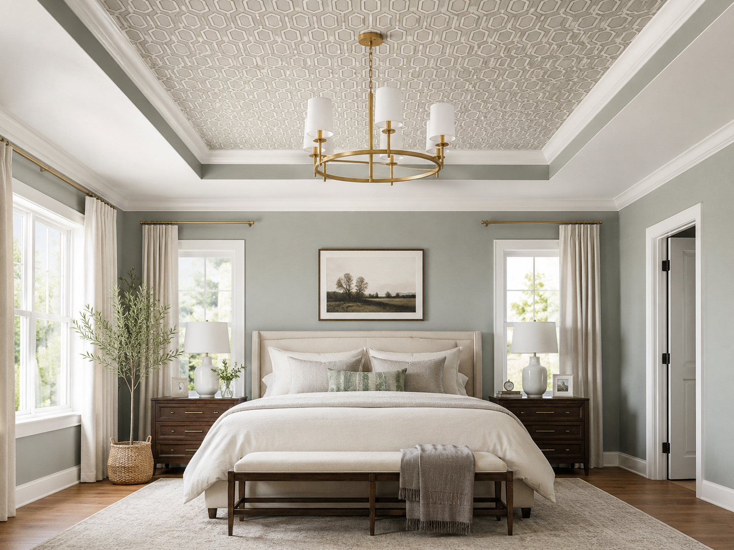 Bedroom with geometric wallpaper inside the recessed panel of a tray ceiling