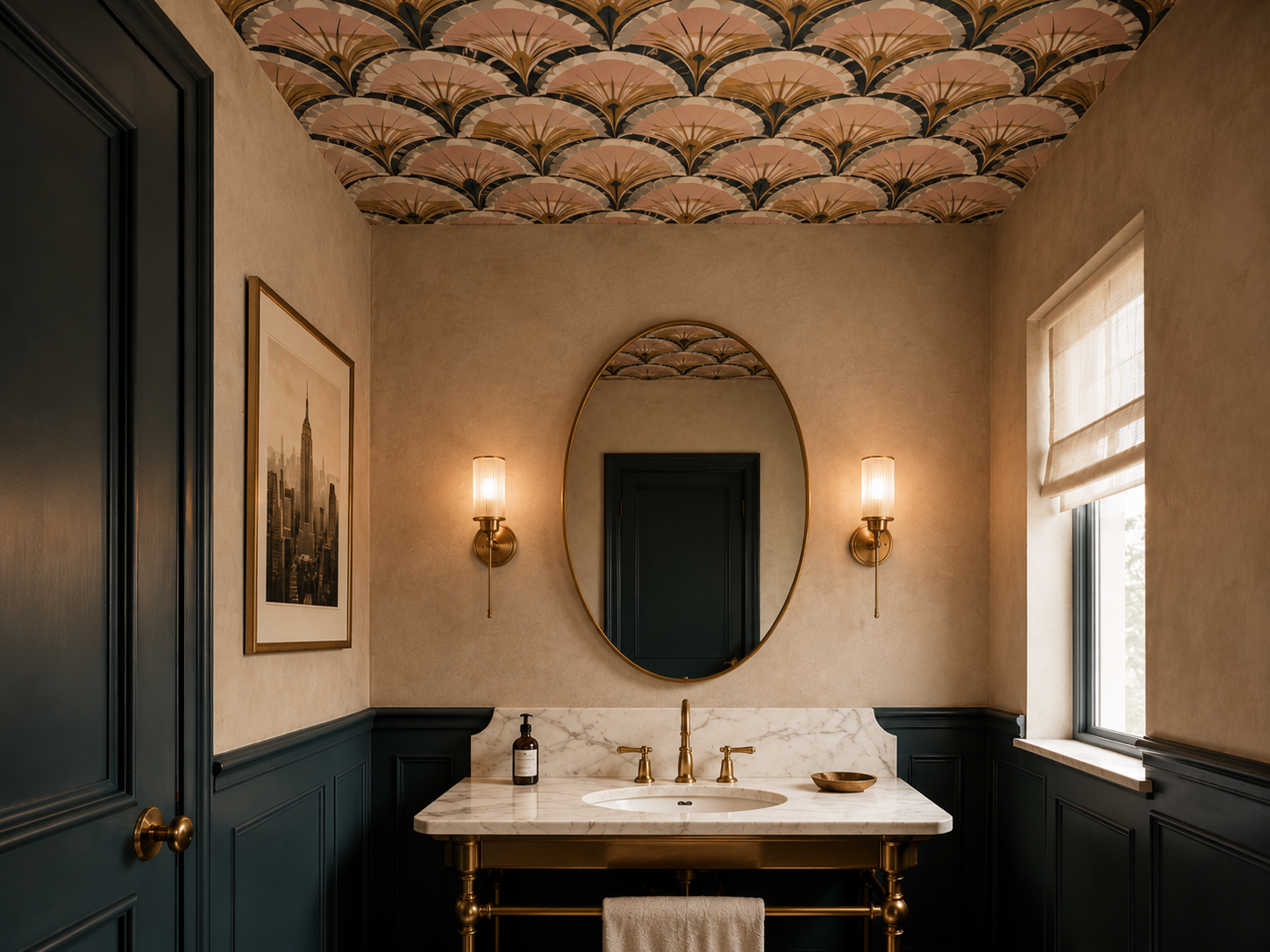 Powder room with a pink and gold Art Deco fan pattern wallpaper on the ceiling