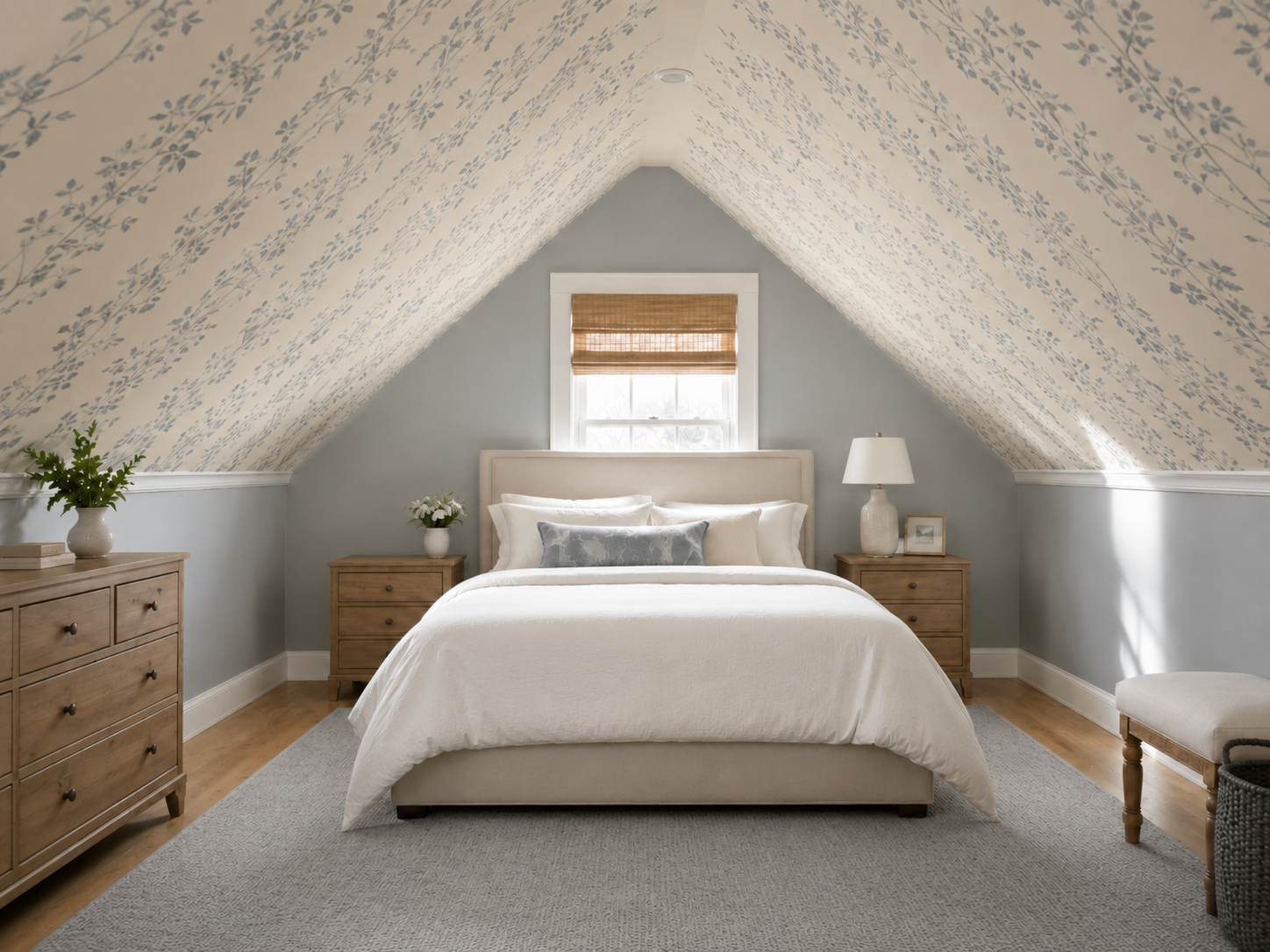 Attic bedroom with small-scale floral wallpaper on the sloped ceiling and painted knee walls