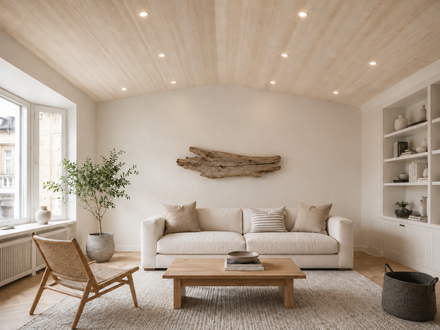 Living room with whitewashed wood-look wallpaper covering a vaulted ceiling
