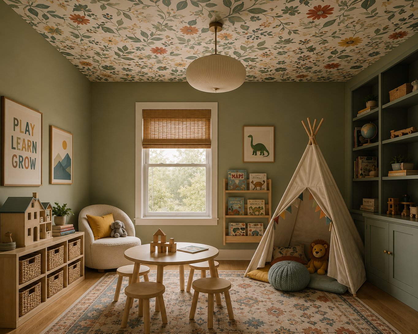 Playroom with floral wallpaper on the ceiling above olive green painted walls