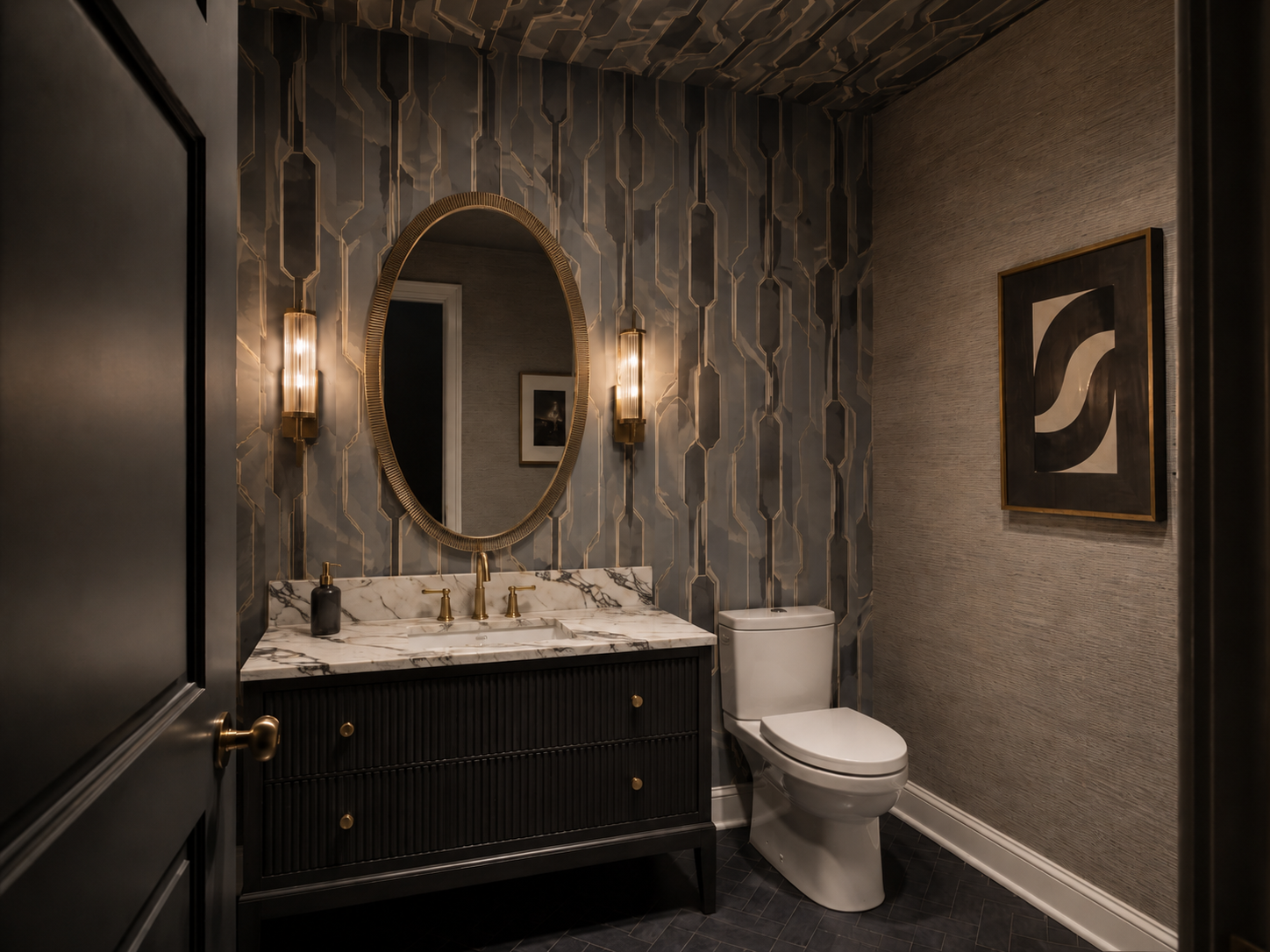 Powder room with matching patterned wallpaper on the ceiling and the vanity wall