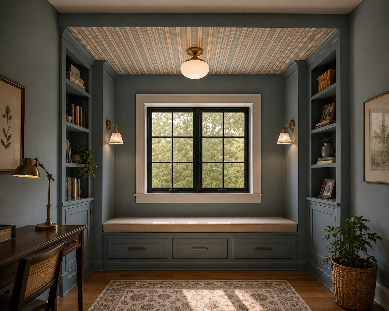 Home office nook with striped wallpaper on the ceiling above a built-in window seat