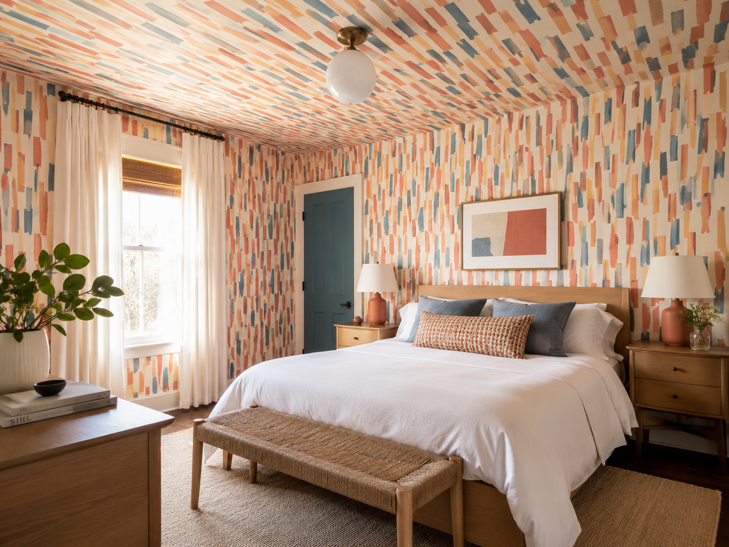 Bedroom with a multicolor brushstroke wallpaper wrapping all four walls and the ceiling