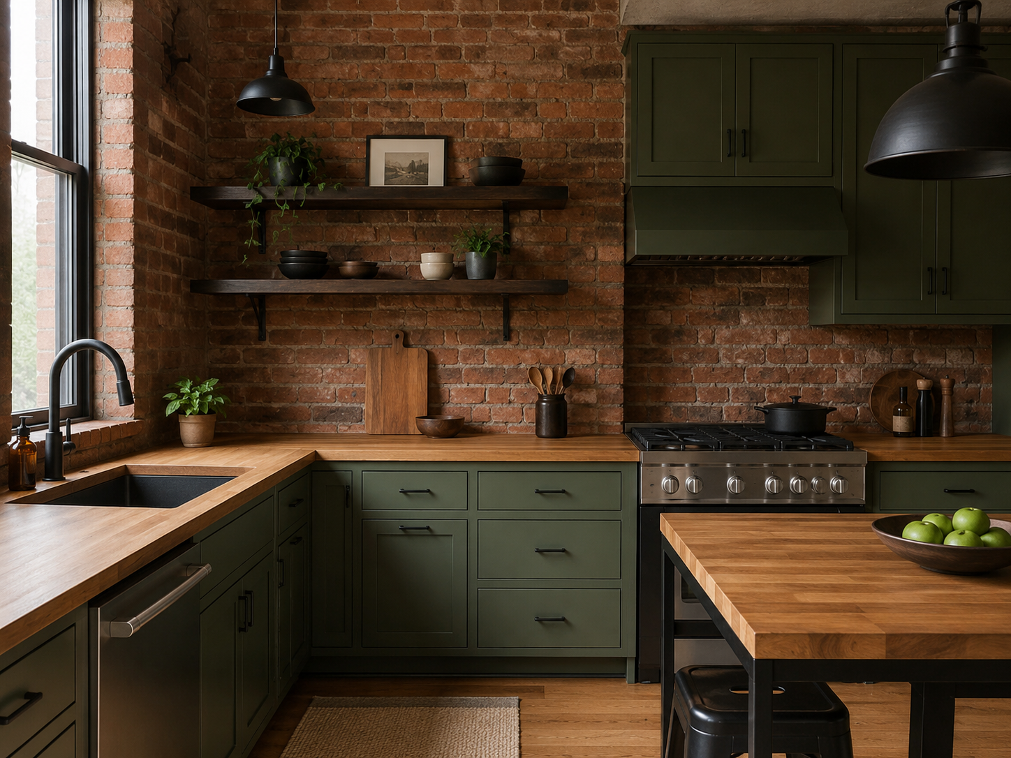 Industrial Kitchen Green Cabinets Butcher Block